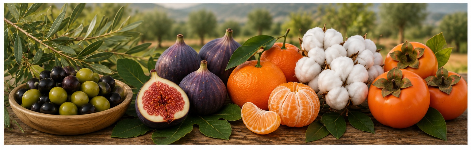 Zeytin, incir, pamuk ve domateslerle tarım ürünleri